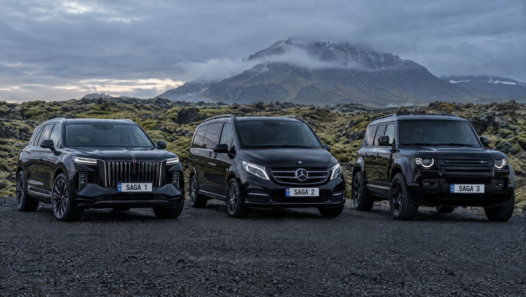 Saga Lux vehicles on a lava field